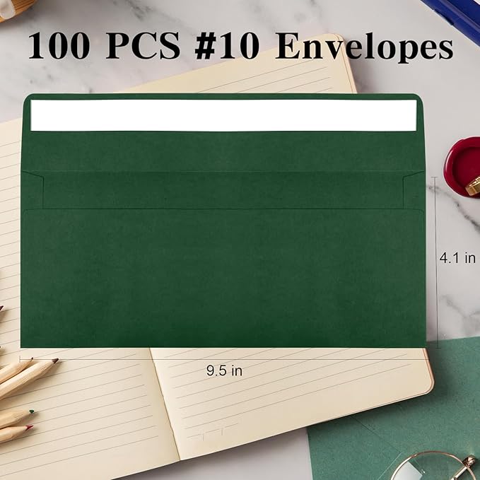 100 Pack Dark Green #10 Business Envelopes, Standard Envelopes Self Seal, 4 1/8 x 9 1/2 Inch Letter Size Business Mailing Envelopes for Checks Invoices Statements Baby Shower Christmas Birthday