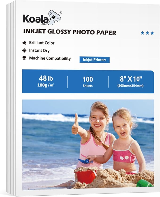 Koala Glossy Inkjet Photo Paper 8X10 Inches 48lb 100 Sheets Professional Glossy Photographic Paper Compatible with Inkjet Printer Use DYE INK 180GSM