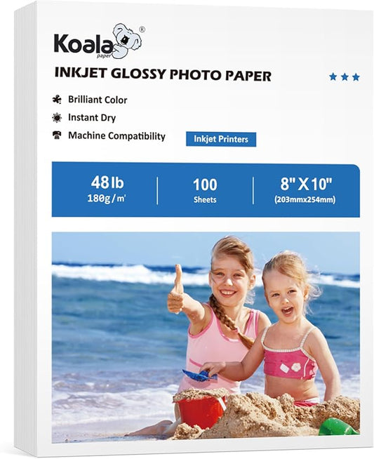 Koala Glossy Inkjet Photo Paper 8X10 Inches 48lb 100 Sheets Professional Glossy Photographic Paper Compatible with Inkjet Printer Use DYE INK 180GSM