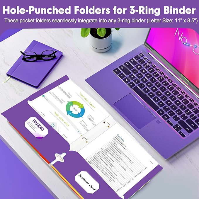 Two Pocket Portfolio Folders, PANDRI 60 Pack 3 Hole Punched 2 Pocket Folders for 3 Ring Binder, Letter Size Paper File Folder for School Office Home Business, Purple