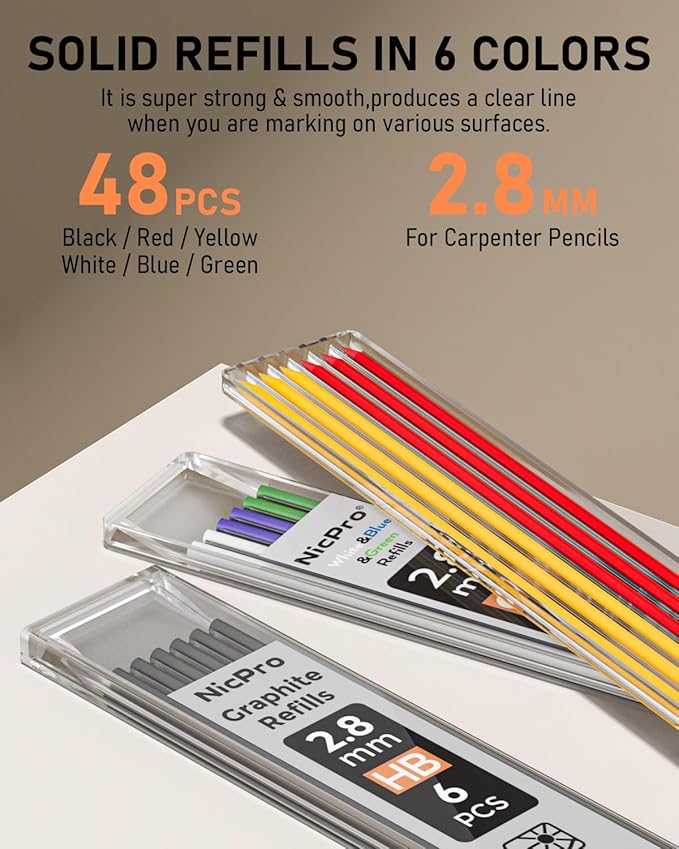 Nicpro 6 Pack Upgraded 3-IN-1 Carpenter Pencil Set with Finger Grip, Construction Pencils with 54 Refill & Mini Spirit Level, Deep Hole Carpenter Tool, Mechanical Carpenter Pencil for Woodworking