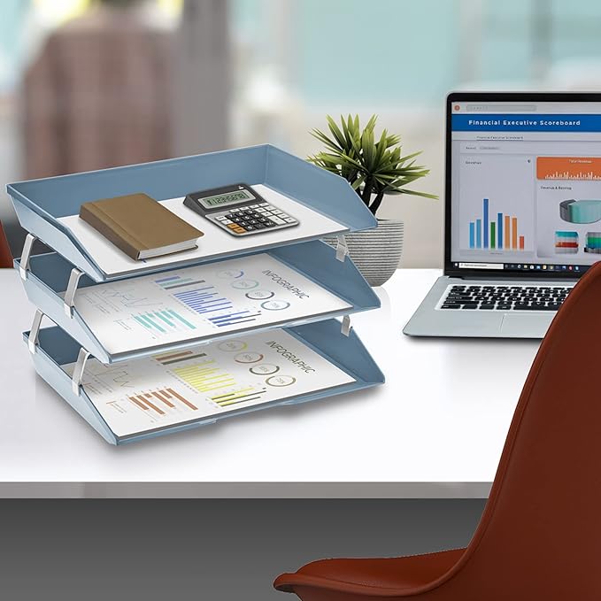 Acrimet Facility 3 Tier Letter Tray, Side Load, Letter Size/A4, Desktop File Organizer, Plastic (Solid Blue Color)