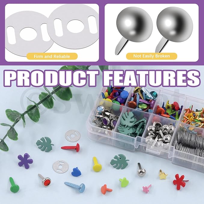 Swpeet 240 Sets 9 Styles and 5 Sizes Multicolor Split Pins Mini Brads Metal Brad with Hole Punch Assortment Kit, Metal Paper Brass Paper Fasteners Pastel Brads for Scrapbooking and Clothing Shoes