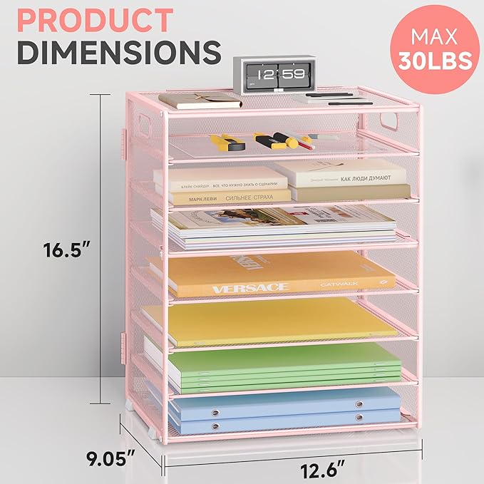 Paper Organizer with Handle Metal Mesh File Sorter Large Capacity Desk Organizers Paper Letter Tray Desktop Document Sorter for Office or Home2 Pack 8 Tier Pink Storage for Desk