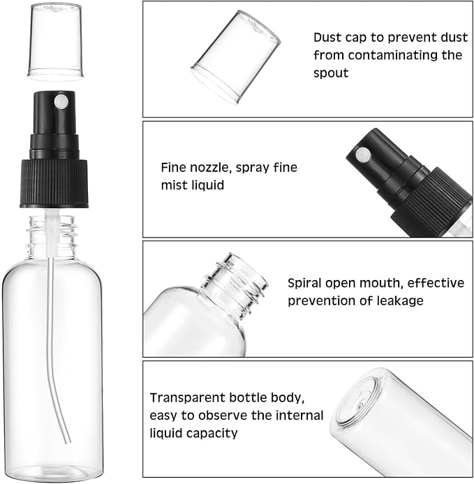 Roshtia 100 Pcs 2 oz Plastic Mini Spray Bottles with Black Cap Clear Empty Fine Mist Spray Bottles Refillable Liquid Container for Essential Oils Perfumes Travel Makeup
