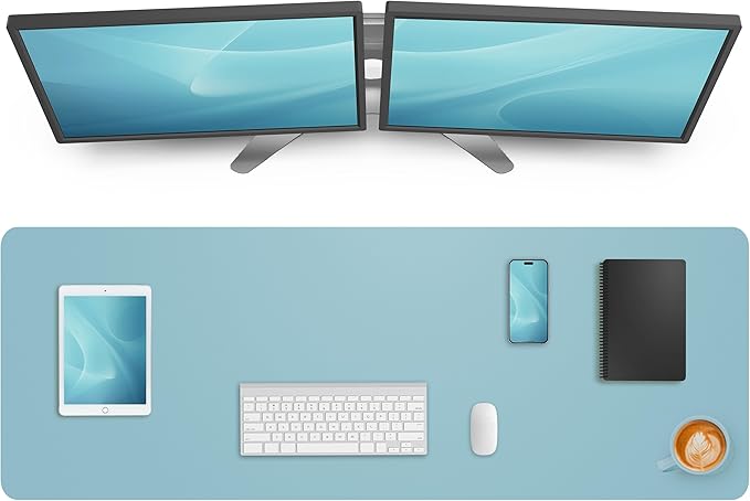 Leather Desk Pad Protector,Mouse Pad,Office Desk Mat, Non-Slip PU Leather Desk Blotter,Large Desk mat,Waterproof Keyboard mat for Office/Home/Decor (Light Blue,55" x 17")