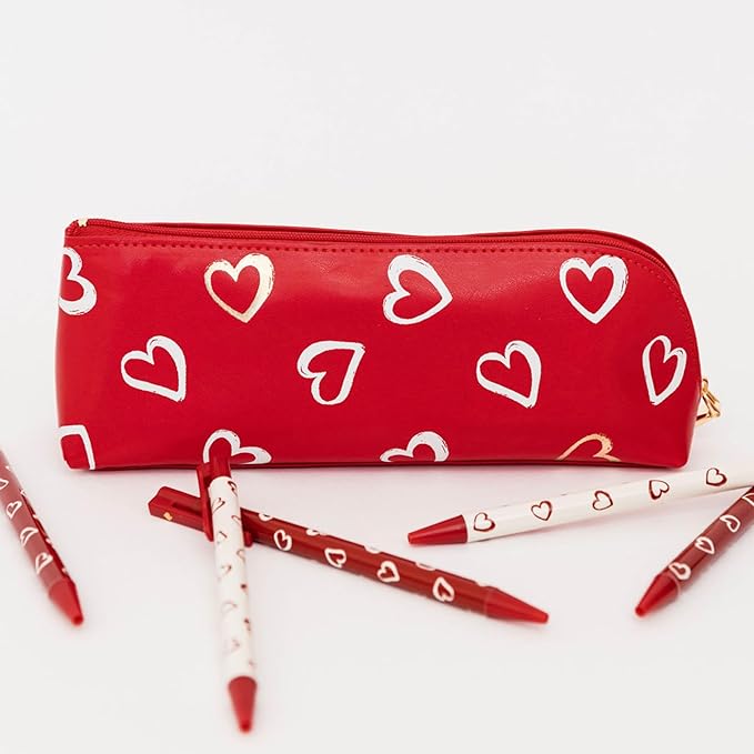 kate spade new york Pen and Pencil Case with Office Supplies for Adults, Zip Pouch Includes 2 Pencils, Sharpener, Eraser, and Ruler, Brushstroke Hearts