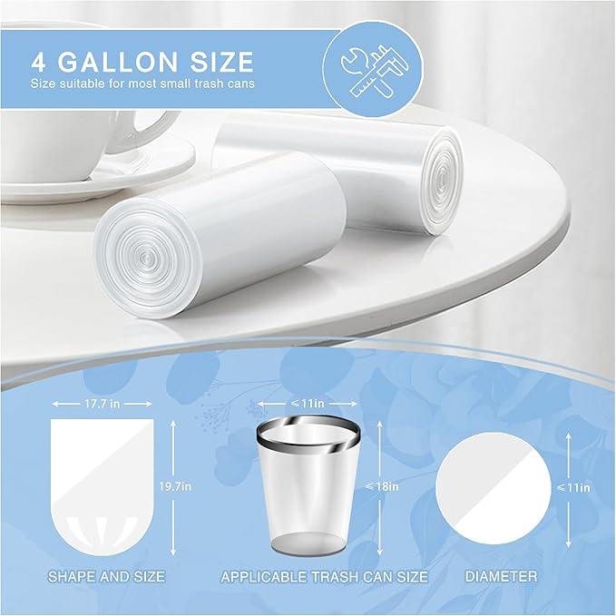 Small Trash Bags 4 Gallon - 108 Count Leakage-Proof 4 Gallon Trash Bag, Small Garbage Bags for Office Bedroom Bathroom Mini Trash Bags, Unscented White 15L Small Trash Can Liners