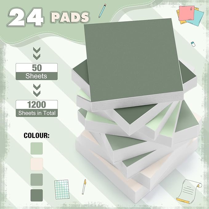 Fainne 24 Pack Sticky Notes Bulk Back to School Supplies Self Stick Note Pads Paper Memo for Office First Day of School Student Teacher Essentials (2 x 2 Inches,Green)