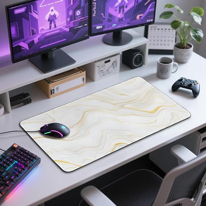Marble Pattern Large Gaming Mouse Pad 31.5"x15.7"｜ Gold Topographic XXL Desk Mat, Non-Slip Rubber Base & Stitched Edges - Extended Waterproof Mousepad for PC/Laptop/Office/Home Decor