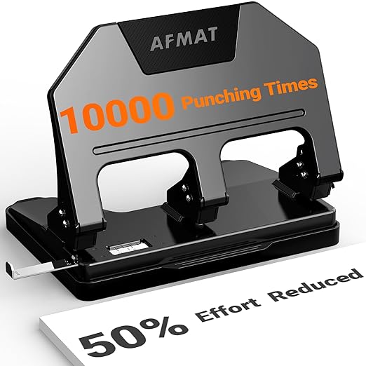 AFMAT HPX3 Heavy Duty 3 Hole Punch, 40-Sheet 3 Hole Puncher for Binder, Metal Three Hole Punch w/ 10,000+ Uses, 50% Reduced Effort, Bulit-in S.S. Paper Guide, Large Chip Tray, Black