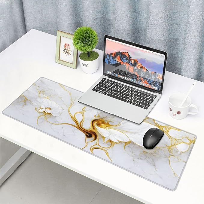 Desk Pad,Office Desk Mat 31.5"×11.8" Large Gaming Mouse Pad,Extended Computer Mouse Pad,Waterproof Thick Big Mouse Pads with Non-Slip Rubber Base Office Home White Gold Marble Flower