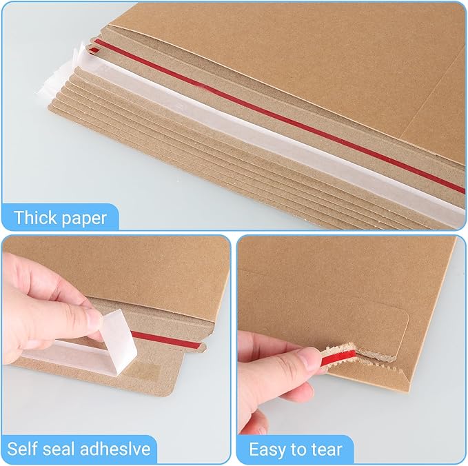 25 Pack 12.75x15 inch Kraft Rigid Mailer Self Seal Photo Document Mailers, Stay Flat Cardboard Envelopes Kraft Photography Mailers for CD, Photos, Document