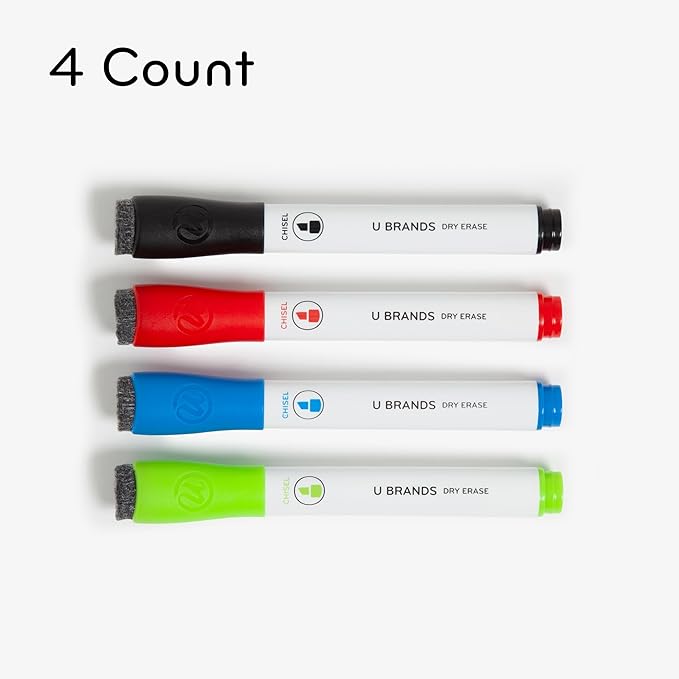 U Brands Fine Tip Dry Erase Markers with Eraser, Whiteboard Markers with Chisel tip, Low Odor, Assorted Colors, Set of 4