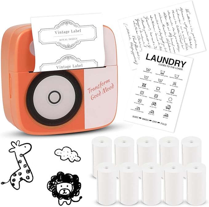 Mini Thermal Sticker Maker - Bluetooth Portable Printer with 10 Rolls Paper | Wireless Compact Device for Study Notes, Journals, Receipts | Home, Office, School Use