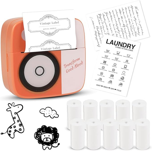 Mini Thermal Sticker Maker - Bluetooth Portable Printer with 10 Rolls Paper | Wireless Compact Device for Study Notes, Journals, Receipts | Home, Office, School Use