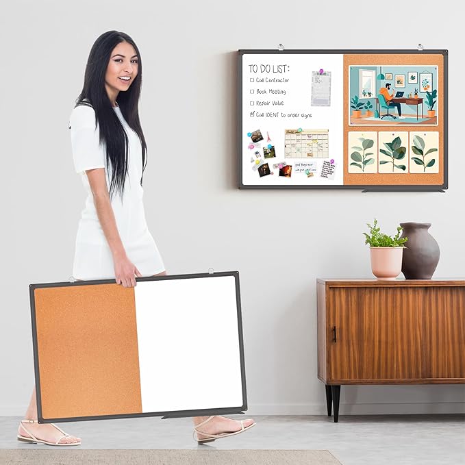 Magnetic White Board and Cork Board Combo, 36 x 24 inches Whiteboard Bulletin Combination Board, Wall Mounted Dry Erase Message Board for Home, School and Office