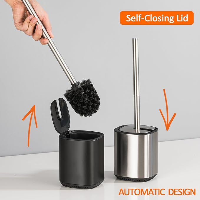 Leadfun Toilet Bowl Brush and Holder, Toilet Brush with Stainless Steel Handle and Durable Bristles for Bathroom Cleaning, Automatic Closing Holder Set (Silver)
