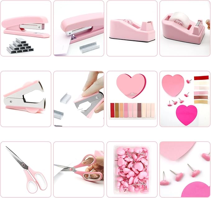 Pink Desk Accessories, Pink Office Supplies, Stapler and Tape Dispenser Set, Pink Desk Accessory Kit, Gift for Students, Women, Coworkers, Boss Lady, Office Clerks