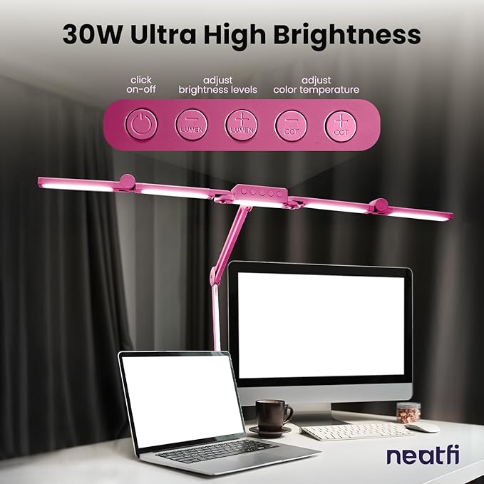 Neatfi (New Model) 3,000 Lumens LED Desk Lamp, Dimmable, 360 SMD LEDs, 30W, CRI 95, Adjustable Light Modes, Task Lamps for Home Office, Study Lamp, Desk Light Bar (CCT with Clamp, Pink, 44 Inches)