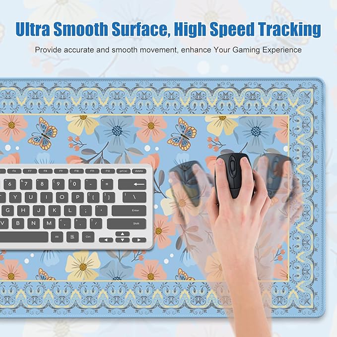 Blue Floral Desk Mat, Large Desk Matt for Desktop, Cute Women Deskpad Mat, XXL Big Mouse Pad for Deskpc, Anti-Slip Mousepad with Stitched Edges, Keyboard Pad Mouse pat Cover for Computer 35.4×15.7 in