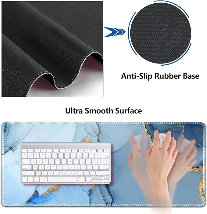 AIMSA Large Gaming Mouse Pad Set, Keyboard Wrist Rest Support Mouse Pad, Ergonomic Memory Foam Multifunctional Extended Desk Mat 35x15.7in Anti-Slip Rubber Base for Office Home, Blue Marble