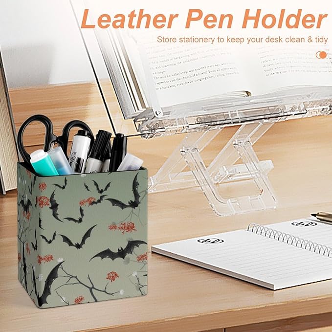 Square Pen Holder & Pencil Organizer for Desk - Office Storage Organizer, Markers/Makeup Brushes/Scissors Holder, Compact Desk Decor Accessories for Home Classroom School(Bat)