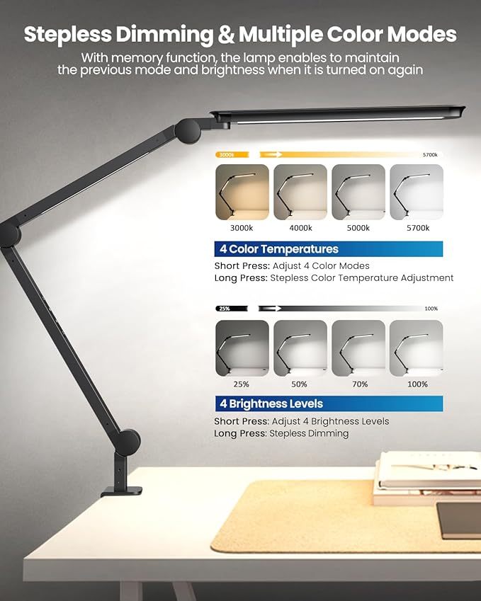 LED Desk Lamp with Clamp, Ultra-Bright Dual Light Architect Desk Light with Adjustable Swing Arm, Eye-Caring 4 Color Modes Stepless Dimming Task Table Lamp for Home Office Reading Study & Workbench