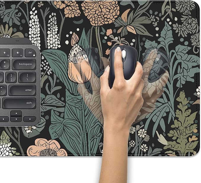 Dark Cottagecore Botanical Desk Pad Mouse Pad,Large Gaming Floral Mouse Mat with Stitched Edges,Non-Slip Waterproof Rubber Base Mousepad for Office Work Home Desk Mat(27.5X11.8 in)