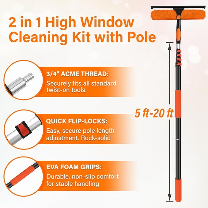 Jhkopqe 26FT Telescoping Window Cleaning Kit with 14" Squeegee - 2-in-1 Professional Window Scrubber & Extension Pole - Extra Long High-Reach Glass Cleaner Tool for Indoor & Outdoor High Windows, RV