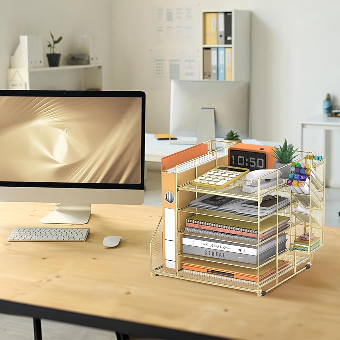 Desk Organizer with Magazine Holder, 5-Tier Paper Organizer for Desk with Pen Holder, Paper Letter Tray for Home, Office or School Supplies, Gold