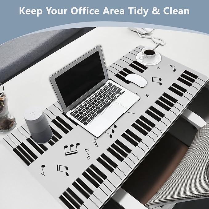 Mouse Pad Desk Mat Leather Desk Pad Large Gaming Desk Cover Protector Mat for Keyboard Computer Laptop Office Waterproof 35.4 x 16.5 Inch Piano with Music Notes