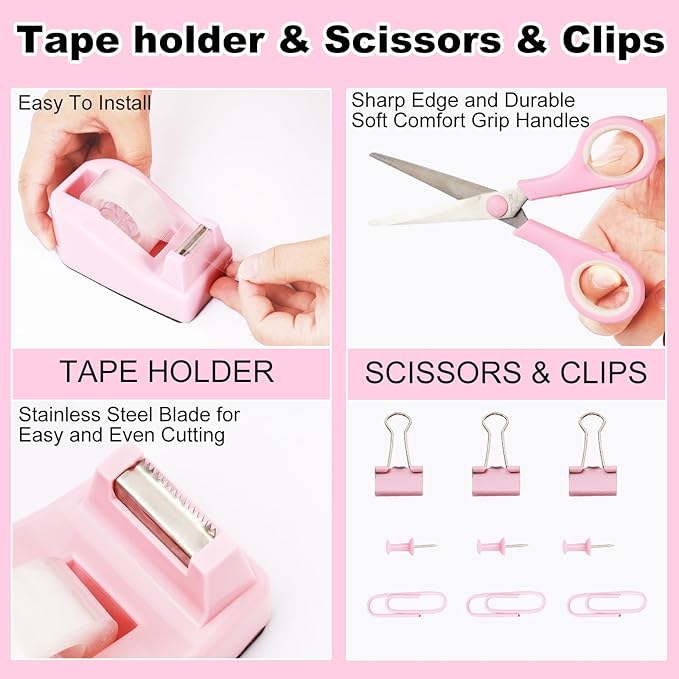Pink Desk Organizers and Accessories 10Pcs Set with 360-Degree Rotating Pen Holder, Tape Dispenser, Stapler, Staple Remover, 1000 Staples, Tape, Clips Set, Ruler, Scissor, Pen (Pink)