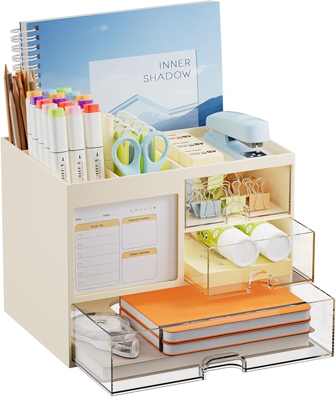 Marbrasse Desk Organizer with 3 Drawer, Multi-Functional Pencil Pen Holder for Desk, Desktop Organizer Storage for Office Home Art Supplies (Beige)