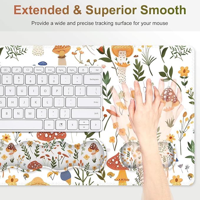 Desk Mat Gaming Mouse Pad, Cute Desk Matt Keyboard Wrist Rest for Desktop, Anti-Slip Mousepad w/Stitched Edges, XXL Large Mouse Pad with Wrist Support for Desk Computer I Mushroom Plant Leave