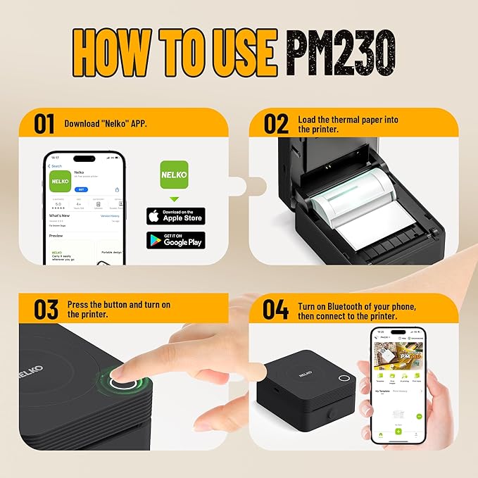 Nelko Sticker Printer, PM230 Print Pod Mini Bluetooth Portabel Sticker Maker with 3 Rolls Paper, Print Pods Mini Printer with Multiple Templates for Phone & Tablet，for School Office Home, Black