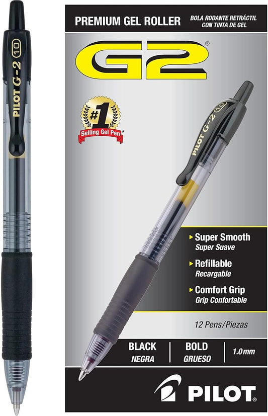Pilot G2 Premium Gel Pens, Black Pens, Bold Point 1 mm, 12 Black