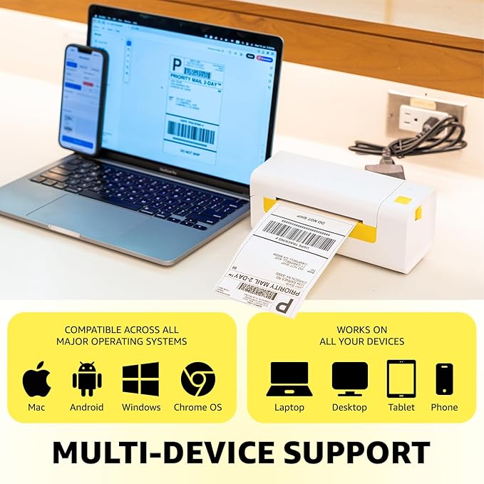 Bluetooth Thermal Shipping Label Printer for Small Business. Includes Paper Holder, 4x6 Labels, 2" Round Stickers, USB C, and E-Book.Compatible with Android, iOS, Windows, Mac.