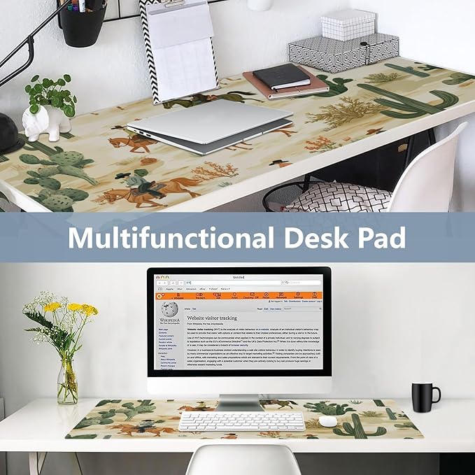 Mouse Pad Desk Mat Leather Desk Pad Large Gaming Desk Cover Protector Mat for Keyboard Computer Laptop Office Waterproof 35.4 x 16.5 Inch Cute Cacti Desert Cowboys Horses