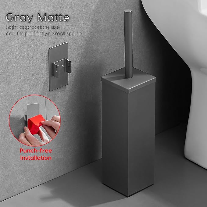 Brushed Gold Stainless Steel Toilet Brush, Square No-Punch Hook Base Toilet Brush Holder Removable Inner Bucket and Splash Proof Cover - Soft Bristles (No Drill Square Metal Cap Gray)
