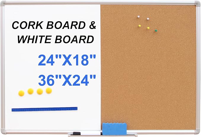 DEVELOP Combination Magnetic Dry Erase Board & Cork Board, 36 x 24 Inch Combo for School, Office, Home, Wall-Mounted Whiteboard Bulletin Board with Removable Tray, Pins, Eraser, Markers & Magnets