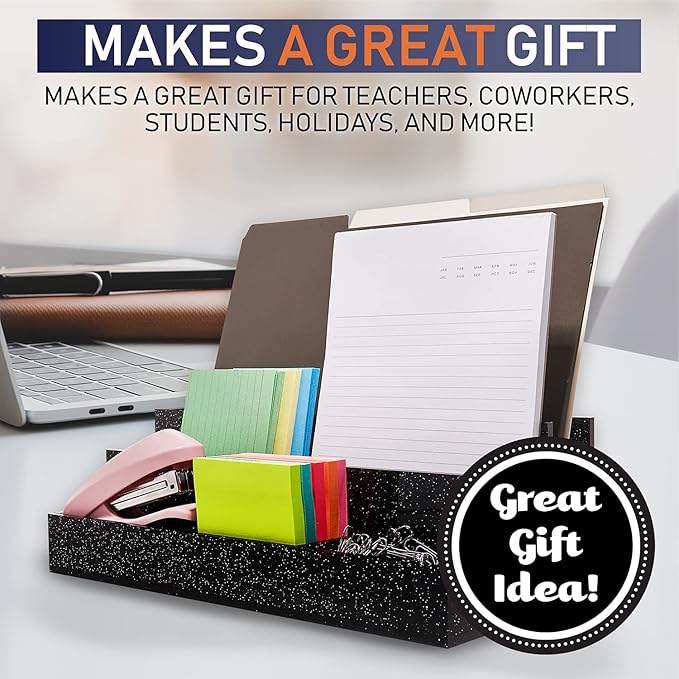 Acrylic Desk Organizer for Office Supplies and Desk Accessories, 12.5” x 5.5” x 4” and 5mm Acrylic Valet to Organize Documents, Files, Paper Clips, Sticky Notes, Tablet, Other Storage (Black Glitter)