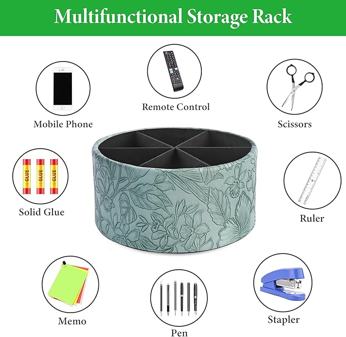 Hennaja Remote Control Holder, 360°Spinning PU Leather Desk TV Remote Caddy,Desk Storage Box Room Accessories for Controller, Media,Mail,Calculator, Mobile Phone,Pencil(1-Carved Green2)