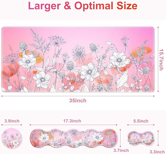 Gaming Mouse Pad Keyboard Wrist Support, 4 in1 Mousepad with Wrist Keyboard Rest, Computer Desk Mat, Non-Slip Desk Pad Protector with Memory Foam Easy Typing Pain Relief I Pink Flowers