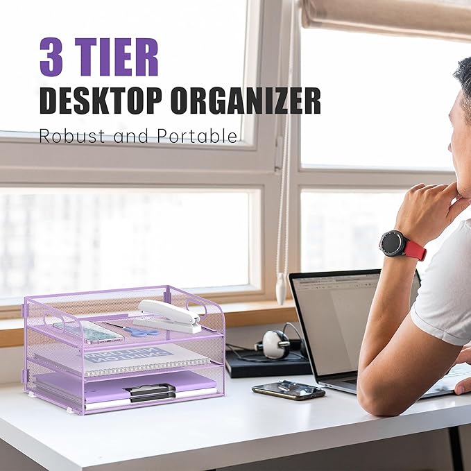 Daltack 3-Tier Paper Organizer with Handle, Mesh Desk Organizer Letter Tray, Purple