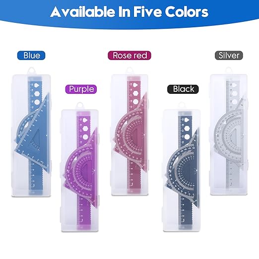 MSDADA Triangle Ruler, Protractor, Square and Ruler Set, 4 Pieces Aluminum Alloy Ruler, Metal Drafting Ruler Kit, Geometric Protractor for Student, School, Home, Office (Blue,20cm/7.87inch)