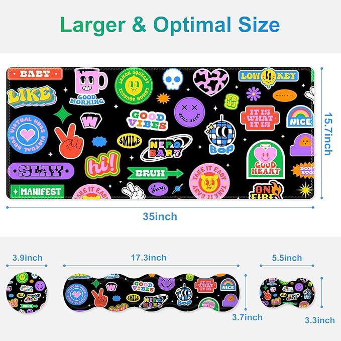 Gaming Mouse Pad Keyboard Wrist Support, 4 in1 Mousepad with Wrist Keyboard Rest, Computer Desk Mat, Non-Slip Desk Pad Protector with Memory Foam Easy Typing Pain Relief I Cute Funny Style