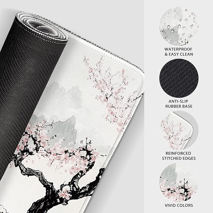 Japanese Black and White Cherry Blossoms Large Gaming Mouse Pad 31.5"x15.7"｜XXL Desk Mat, Non-Slip Rubber Base & Stitched Edges - Extended Mousepad for PC/Laptop/Office/Home Decor