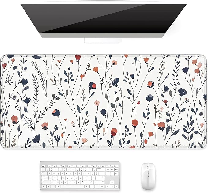 Auhoahsil Desk Mat, Ultra Large Mouse Pad, XXL Gaming Mousepad, Pretty Desk Pad, Big Extended Full Size Desktop Desk Matt for Keyboard, Laptop & Computer, 35.5 x 15.7 in, White Flowers