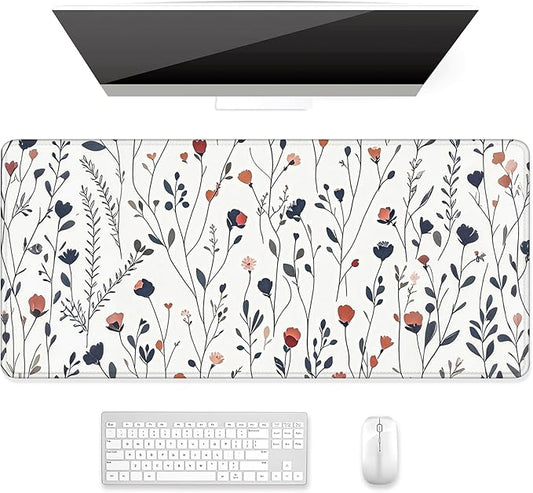 Auhoahsil Desk Mat, Ultra Large Mouse Pad, XXL Gaming Mousepad, Pretty Desk Pad, Big Extended Full Size Desktop Desk Matt for Keyboard, Laptop & Computer, 35.5 x 15.7 in, White Flowers